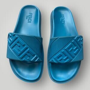 Fendi Men's FF Rubber Slide Sandals Cyber Blue 9 US